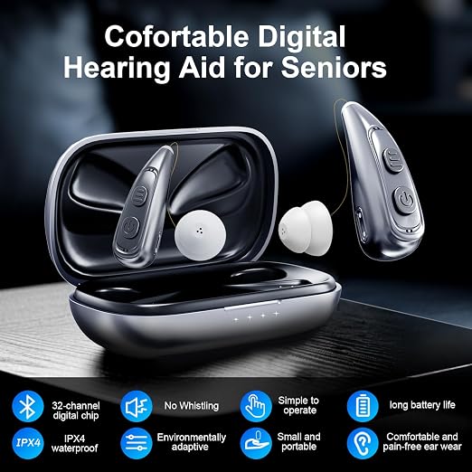 Hearing Aid for Seniors，OTC 32 Channel 5 Volume Hearing Amplifier with Rechargeable Case & Noise Cancelling Phones Sound Cleaner，Invisable Ergonomic Auto-On/Off Digital Hear Aid for Dryer Hear Loss (Light Sliver)