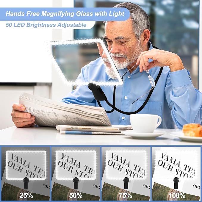 5X Large Hands Free Magnifying Glass with Light Full Page Magnifier for Reading with 50 Ultra-Bright LEDs and Flexible Gooseneck Neck Magnifying Glass with Light for Cross-Stitching Sewing Elderly