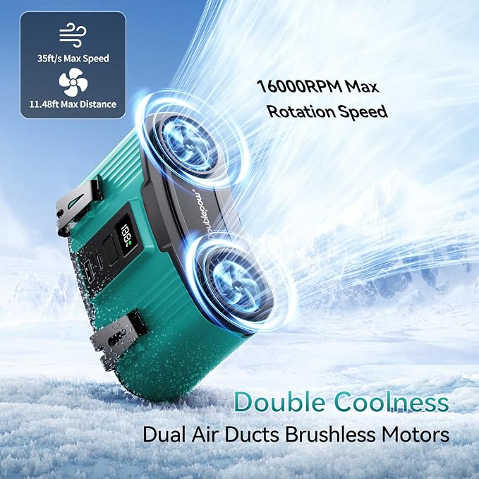 Doublepow 12000mAh Portable Waist Fan, Personal Waist Fan, Dual Air Ducts Motors, USB Rechargeable Clip On Belt for Working, 10 Speeds & 23H Wearable Neck Cooling, for Outdoor, Work, Travel (Blue)