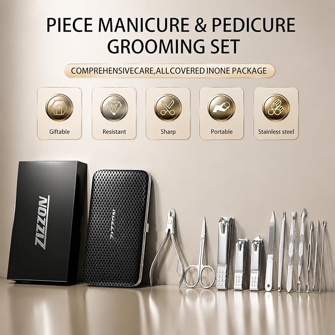 Manicure Set, Stainless Steel Nail Clipper Set with Luxurious Travel Case | 12-Piece Set with Thicker Steel, Precision-ground Cutting Edges, and Smooth-finished Tools for Clean, Precise Trimming.