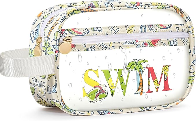 COSHAYSOO Clear SWIM Bag Swimming Pool Day Accessories for Women Teen Girls Bikini Swimsuit Goggle Cap Sunscreen Hair Makeup Organizer, Cute Swimmer Team Gifts Travel Waterproof Small Pouch, Tropical