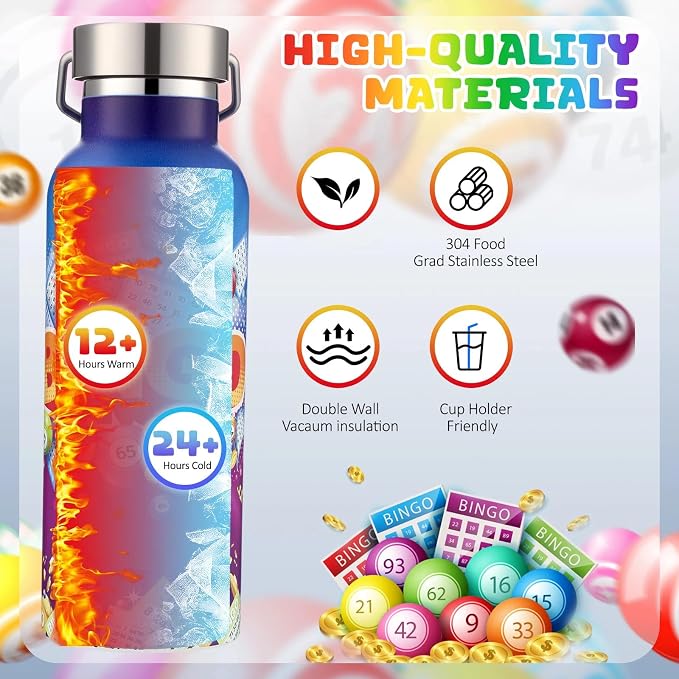 Geiserailie 2 Pack Bingo Tumbler Cups Bingo Prizes Gifts 17oz Stainless Steel Water Bottle Double Wall Insulated Bottle with Handle and Vacuum Seal Leakproof Lid for Seniors Adults Party