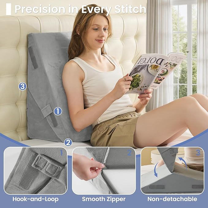 Sasttie Wedge Pillow for After Surgery, Adjustable Bed Wedge Pillow Headboard for Acid Reflux, Sleeping, Neck & Back Support, with Removable Cover, Light Grey & Velvet