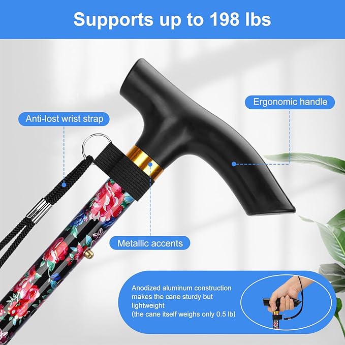 supregear Folding Cane, 5-Level Adjustable Height Walking Stick Lightweight Collapsible Portable Travel Cane with Wrist Strap and T Handle for Elderly Disabled Men Women