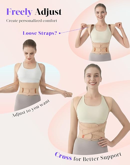 Kepwaa Posture Corrector for Women and Men, 5 Full Back Support Brace Rods, Adjustable Shoulder Straightener, Relief for Upper and Lower Back, Neck, Lumbar, Scoliosis, Hump, Beige, Small