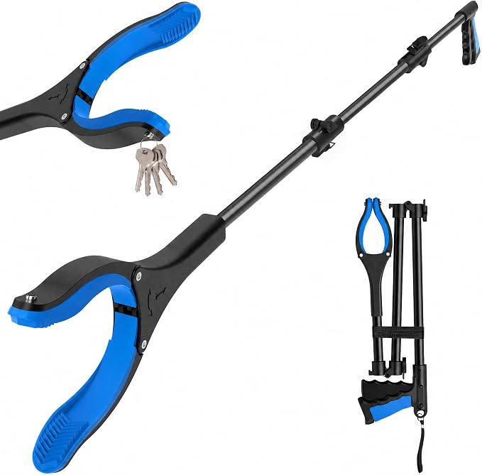 Extra Long Grabber Reacher Tool，Foldable Trash Pick Up Stick for Seniors with Strong Grip Magnetic，360°Rotating Anti-Slip Jaw 4" Wide Claw Opening,Hand Grabber (Blueblack, 44INCH)