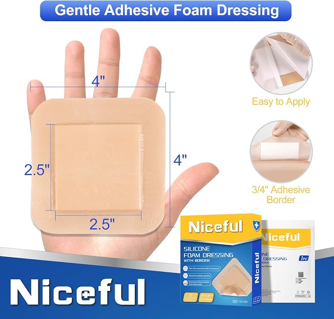 Niceful Silicone Foam Dressing 4"x4", Waterproof Silicone Bandages with Border Adhesive, High Absorbency Bed Sore Bandages Wound Care Dressing (2.5"X2.5" Pad), 5 Packs, FSA HSA Eligible