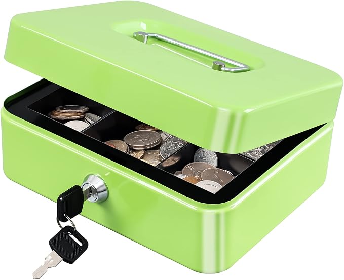 KYODOLED Medium Cash Box with Money Tray,Small Safe Lock Box with Key,Cash Drawer,7.87"x 6.30"x 3.54" Limegreen Medium
