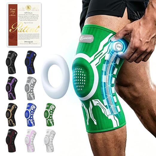 Kuangmi Knob Knee Brace for Pain Relief, Knee Support with Patella Gel Pad & Side Stabilizers, Compression Knee Sleeve for Workout, Arthritis, Joint Pain, Meniscus Tear (Green White,Left,Large,Single)