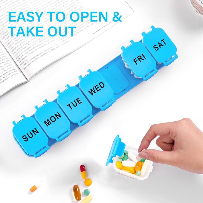 Extra Large Weekly Pill Organizer - Waterproof 7-Day Pill Box, Portable Vitamin & Supplement Case, Easy to Open Design, Ideal for Travel a nd Daily Medication Management (Blue)