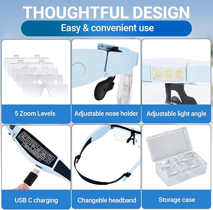 YOCTOSUN Magnifying Glasses for Close Work with 3 LED Lights, Storage Case, Head Strap and 5 Detachable Lenses 0.75X,1.25X,2.0X,3.0X 4.0X, Headset Magnifier for Jewelry, Hobby & Crafts