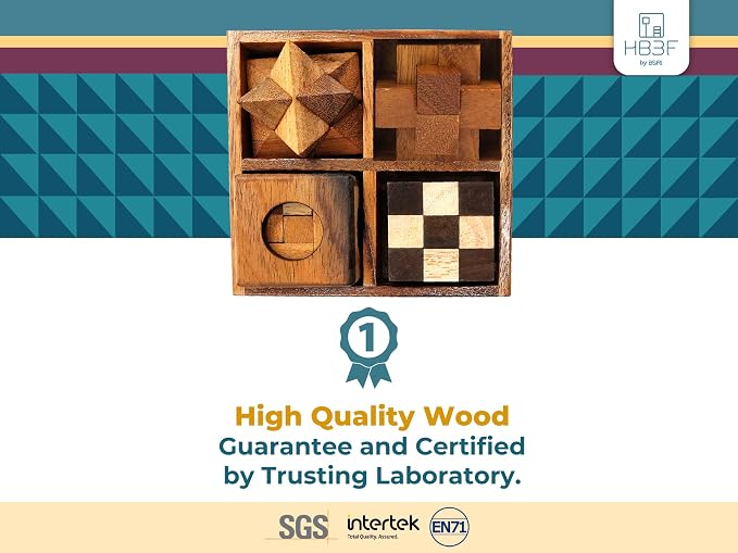 BSIRI 4 in 1 Wooden Brain Teaser Puzzles for Adults - Challenging 3D Desk Wood Puzzles Set Interlocking Hand Games for Mind Toys Suits for Rustic Patio Decor Unique Gift Office Decoration