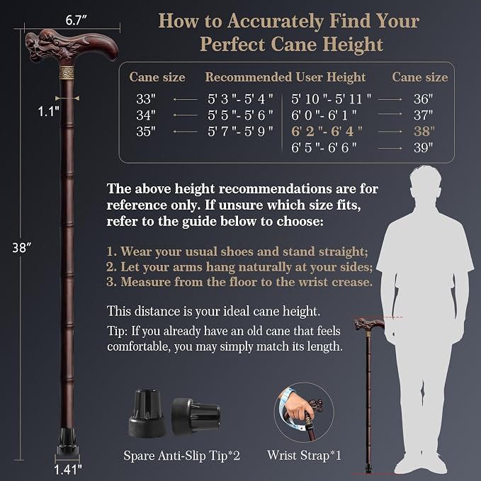 Wooden Walking Cane, 3D Dragon Engraved Cane Support up to 400 lb, Canes for Seniors Men Women of Different Heights
