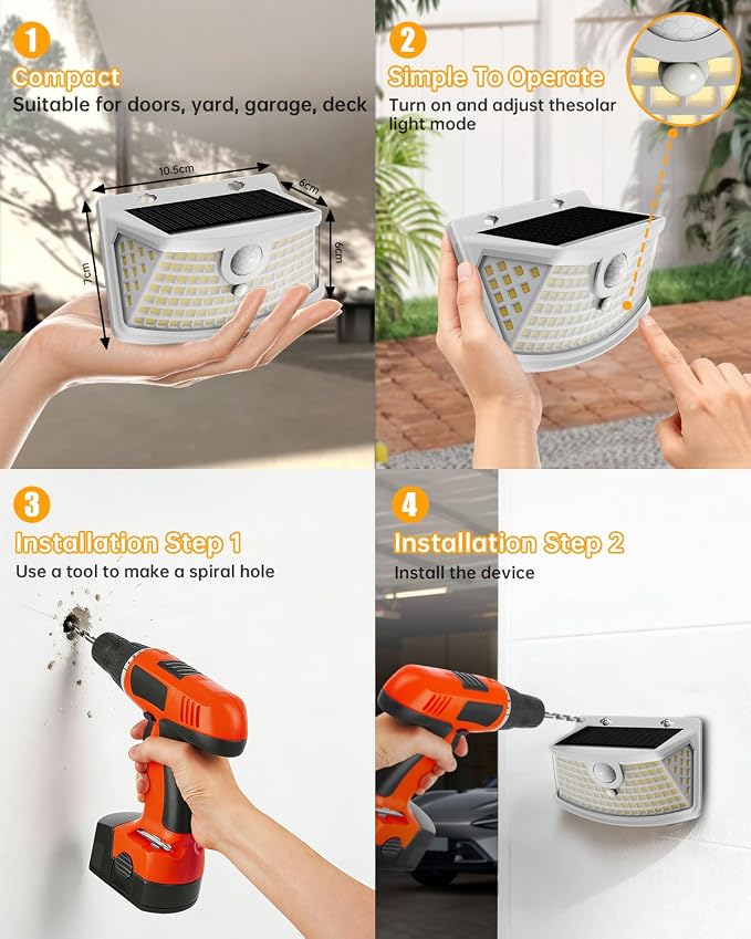 Aootek Solar Motion Sensor Lights Outdoor 120 LEDs, White, 4 Pack | Lights Reflector, 270° Wide Angle, IP65 Waterproof, Step Lights For Front Door, Yard, Garage, Deck