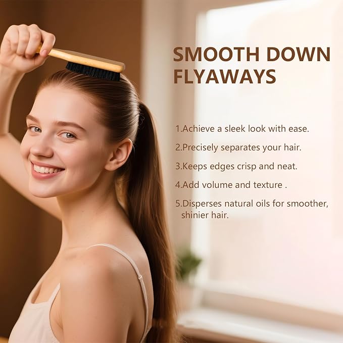 SWEET VIEW Boar Bristle Slick Back Hair Brush | Smooth Flyaways, Frizz, Sleek Ponytail, Buns and Edge Baby Hair, Gel Comb Styling Accessories for Girls, Kids and Women