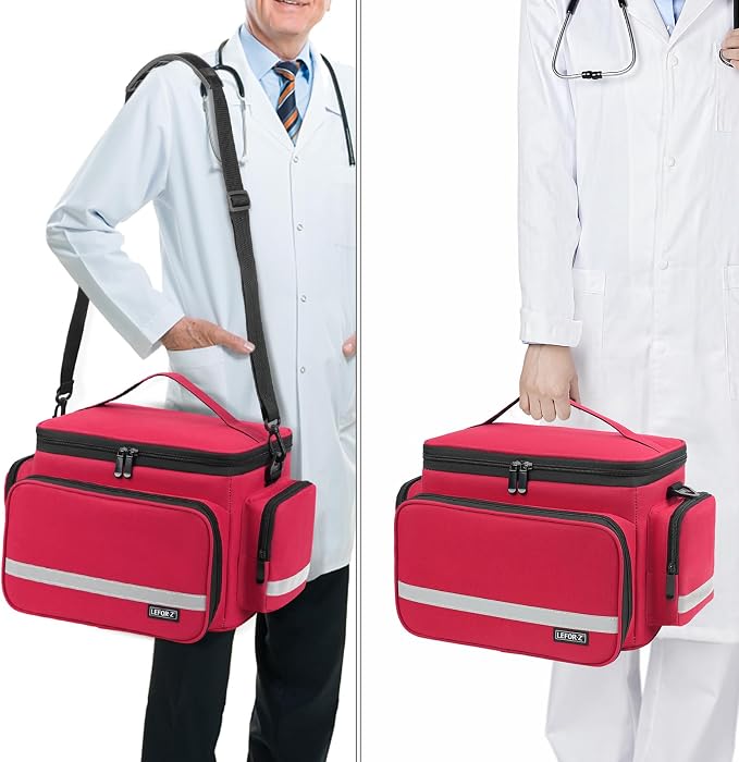 LEFOR·Z Small Medical Bag,First Aid Bag Empty,Home Health Nurse Bag with Detachable Divider,Medical Supplies Storage Tote for Nursing Student,Therapist,Doctors,Red(11.7x7.6x8inch)