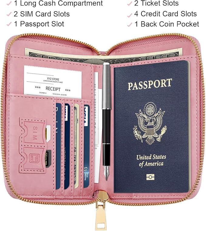 Passport Holder for Travel Personalized Wallet with Wristlet Women | All-in-One Passport Cover, RFID Blocking, Back Coin Pocket, Paper Money Slot, Zipper Closure, Roses Initial Letter, Pink L