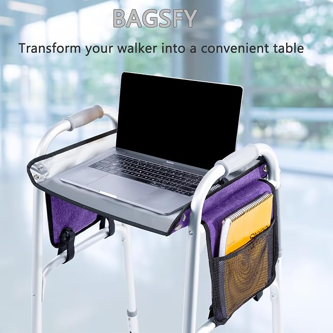 BAGSFY Walker Tray with Cup Holder & Side Pocket – Hard Top Walker Table for Seniors – Folding Walker Accessory for Meals, Reading, Drinks – Non-Slip Surface, Tool-Free Install, Universal Fit