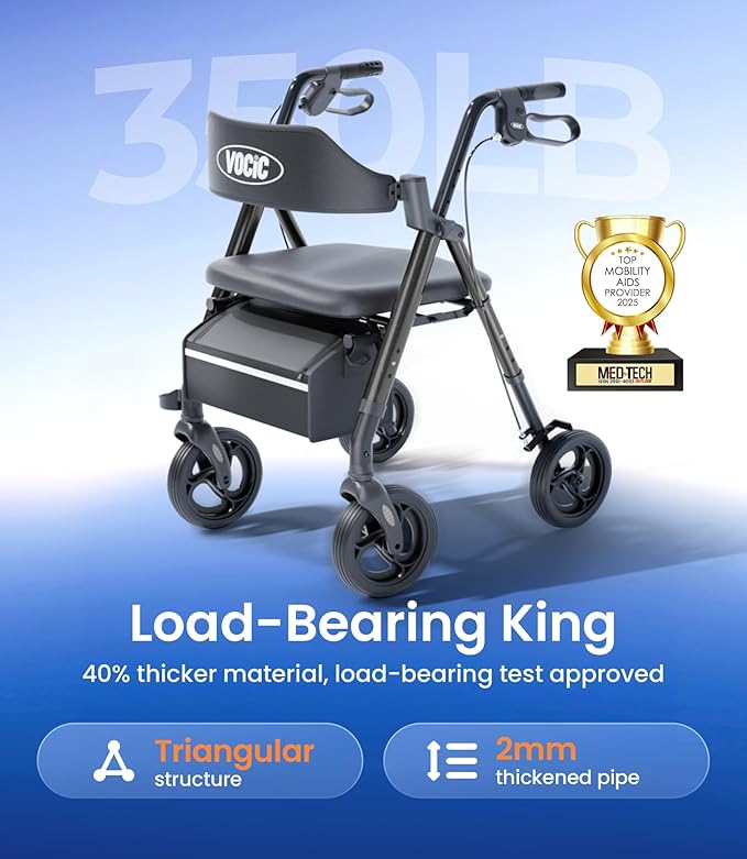 VOCIC Walkers for Seniors, Z21 Rollator Walker with Seat Supports 350lb, 8" Big Wheels for All Terrain, Ergonomic Arc Seat & 6" Ultra Backrest Foldable Walker, Dual Height Adjustment, Lightweight 2025