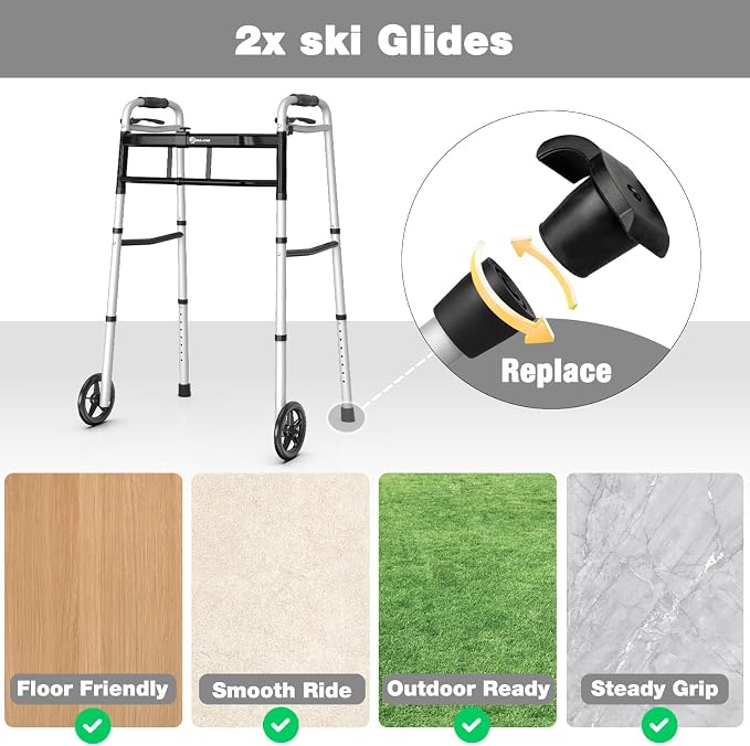 WHLICKS Folding Walkers for Seniors, Lightweight Aluminum Walker with 5'' Front Wheels and 2 Skis, Height Adjustable Standard Walker for Elderly and Disabled, Stable Frame up to 350 lbs