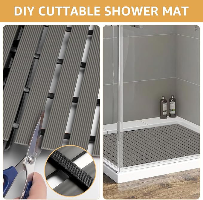 Yolife PVC Large Shower Mat, 35.4 × 24 Inch Non Suction Cup Non Slip Shower Floor Mat, Easy to Cut & Curlable Stand Up Shower Stall Mat, Heavy Duty Bath Shower Mats for Inside Shower