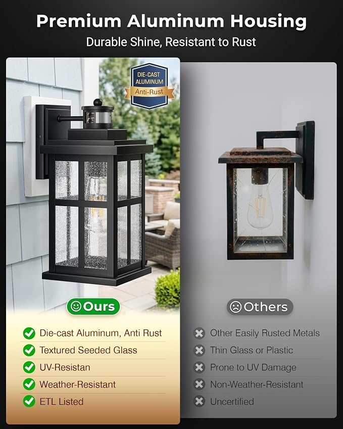 VIANIS Large Motion Sensor Porch Lights Outdoor, Outdoor Wall Lantern | Black Dusk to Dawn Exterior Lighting Fixtures Wall Mount for House, Anti-Rust Waterproof Outdoor Sconce Lights for Garage