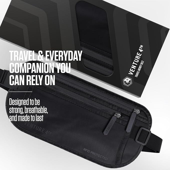 VENTURE 4TH Travel Money Belt, RFID Blocking Passport Holder - Sleek Black
