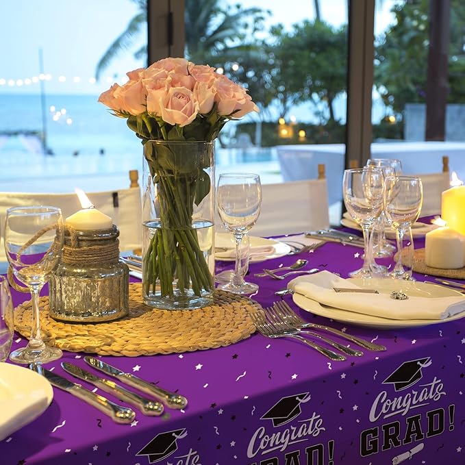 Gatherfun Graduation Party Decorations, Gongrats Grad Tablecover for Graduation Party Supplies, 3 pcs Purple Table Cloths, 54"x108"