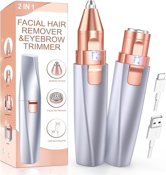 Eyebrow Trimmer Facial Hair Removal for Women: 2 in 1 Rechargeable Facial Hair Remover & Eyebrow Razor, Electric Painless Face Shaver for Women with LED Light for Eye brow, Lips & Face