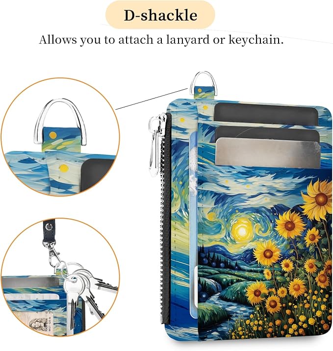 Hancynir Sunflower Slim Wallet Women Credit Card Holder, RFID Small Cute | Zipper Pocket Wallet, Thin Travel Coin Purse, Ladies Women Gifts, Minimalist Card Case, 6 Card Slots, ID Window, PU Leather