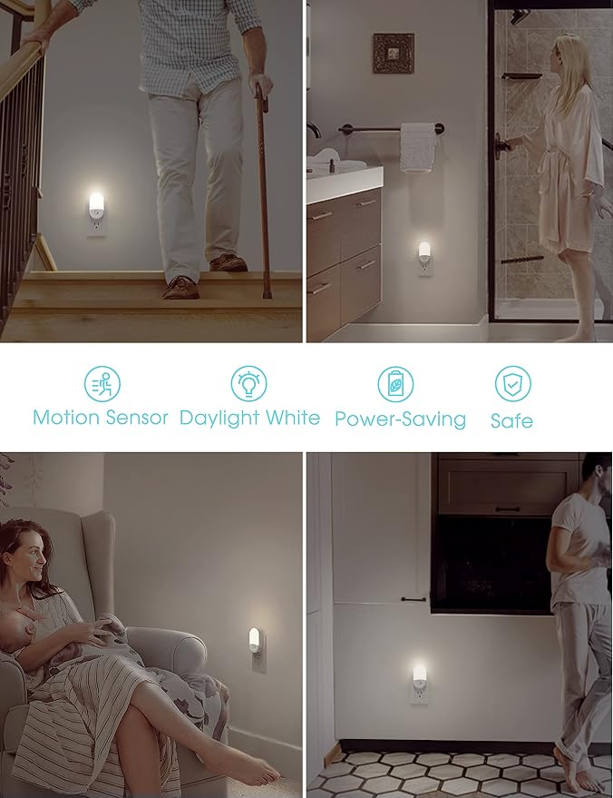 L LOHAS LED Motion Sensor Night Light Plug in, Motion Activated Night Light, 5000K Daylight White, Night Lights Plug Into Wall, Adjustable Brightness, Nightlights for Bathroom, Kids, Hallway, 4 Pack