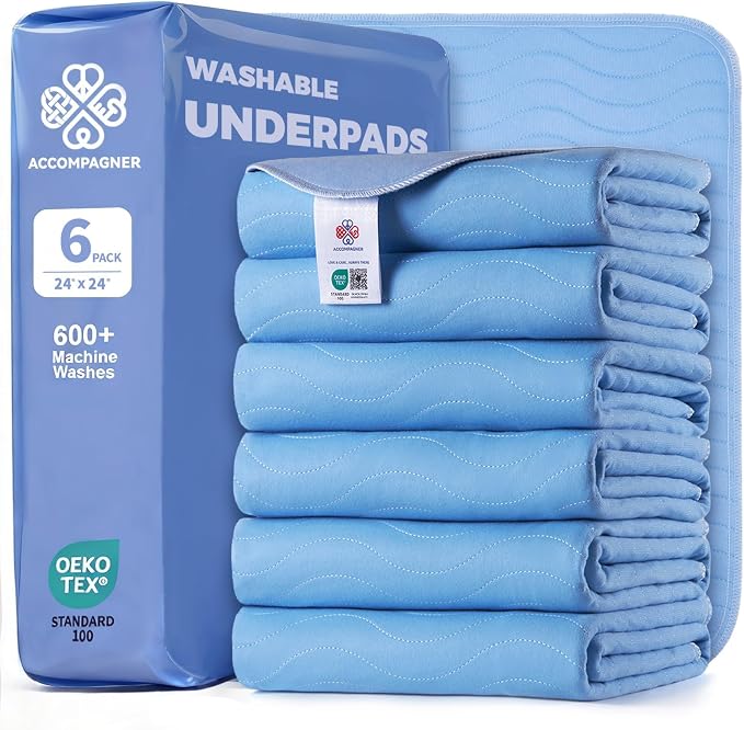 Accompagner Incontinence Bed Pads Washable Waterproof, Ultra-Absorbent Reusable Underpads for Diaper Changing, Nursing, Bedridden, Adults, Seniors, Kids and Dogs (Blue, 24"x24"(Pack of 6))