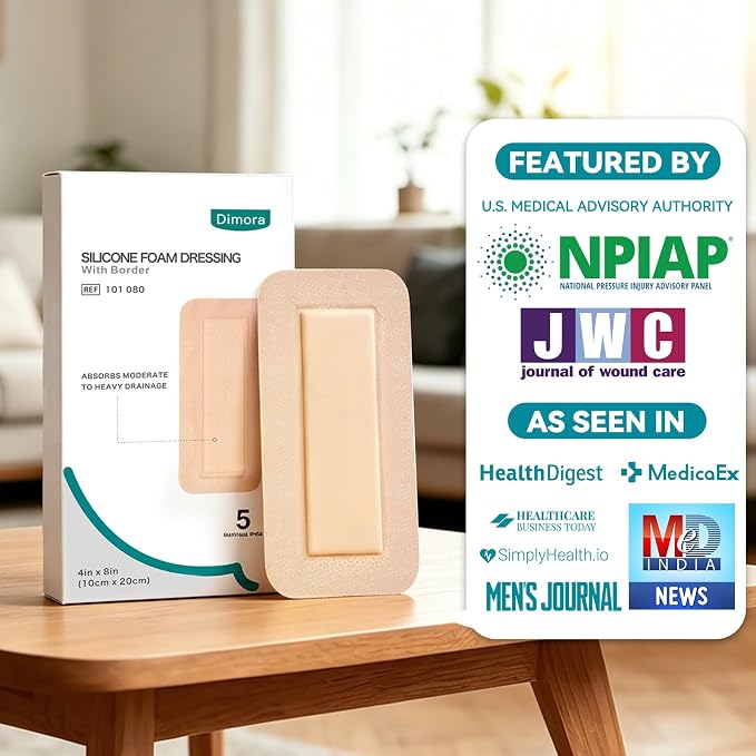 Dimora Silicone Foam Dressing with Border Adhesive 4"x8" Waterproof Wound Dressing Bandage for Wound Care 5 Pack