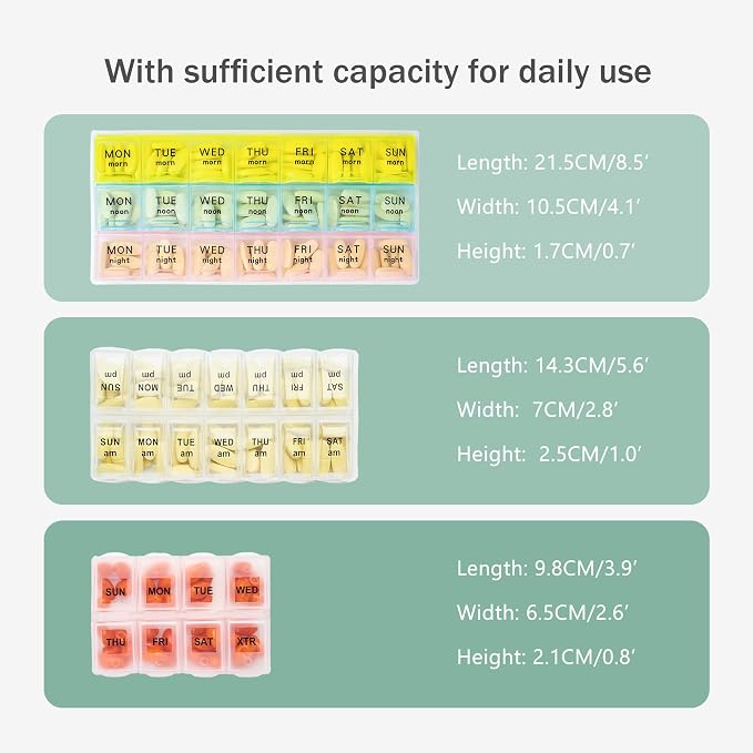 Weekly Travel Pill Organizer 3 Times A Day Pill Case for Purse with Removable 7 Day Pill Box Holder,Cute Medication Organizer Pill Container for Medicine, Vitamin, Fish Oils,Supplement(Teal, Large)