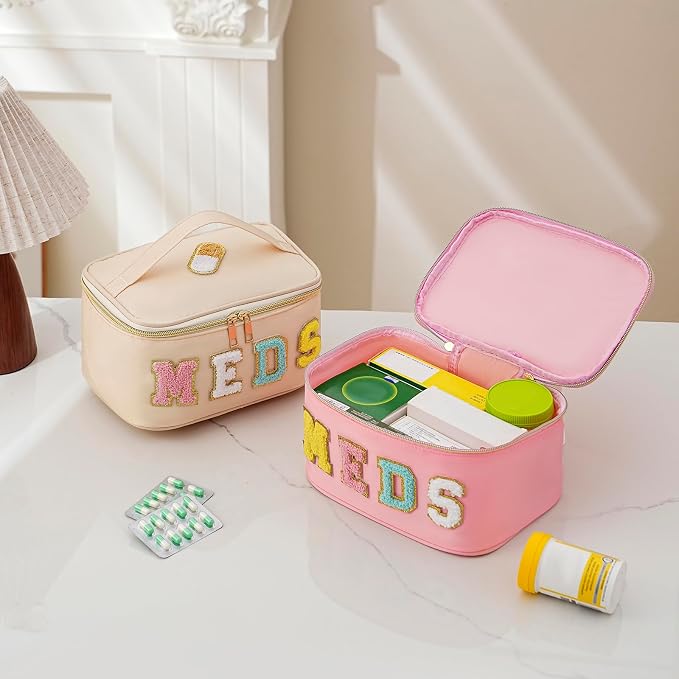 uekeboag Personalized Chenille Letter MEDS Makeup Bag, Portable Nylon Cosmetic Toiletry Storage bag with Top Handle, Transparent Meds Travel Organizer Cosmetic Bag(14Pink)