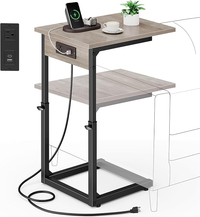 C Shaped End Table with Charging Station, Adjustable Height Side Table for Couch, C Table End Table Couch Table that Slide Under, Sofa Table TV Tray Arm Tables for Living Room, Bedroom, Gray