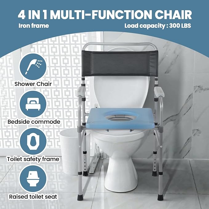 Folding Bedside Commode, Height Adjustable Toliet Chair for Seniors with Padded Seat and Arms, Portable Potty Shower Chair for Elderly Handicap Adult