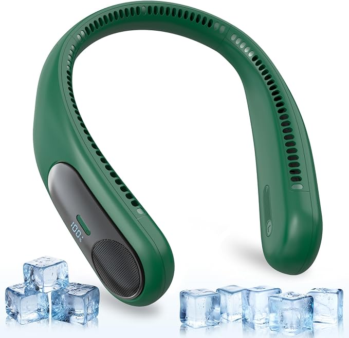 Portable Neck Fan, Personal Wearable Bladeless Fan for Outdoor Indoor, LED Display, 360° Cooling, 4-Speeds, 6000mAh USB Rechargeable, Birthday Gifts for Men Women Dad Mom (Dark green)