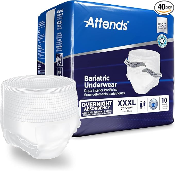 Attends Bariatric Adult Incontinence Underwear, 3X-Large (74-92"), [40 Count] - Overnight Absorbency for Men and Women, Disposable Pull-On Diapers with Tear-Away Sides, AU60