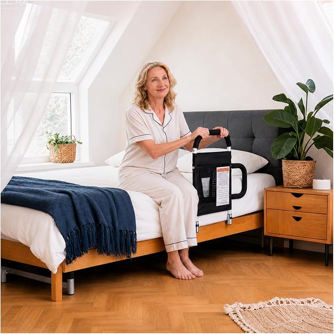 Bed Rails for Elderly Adults - Bed Assist Rail with 2 Non-Slip Grab Bars & Storage Pocket, Easy In & Out Bed, Anti-Fall Bed Railings for Seniors, 300 LBS Load Capacity