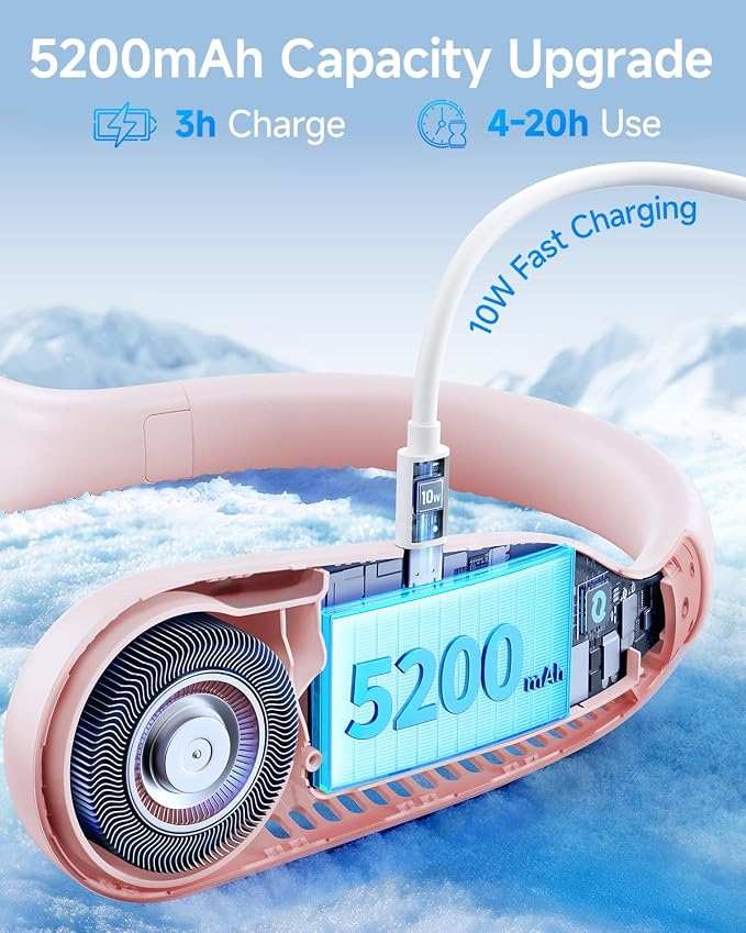 SWEETFULL Portable Neck Fan: 5200mAh Bladeless Personal Fan | 4 Speeds, 20H Max Runtime, No Hair Twist Quiet Wearable Fan for Travel | Birthday Gifts for Men Women Mom Dad