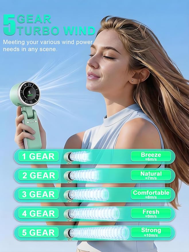 Portable Handheld Turbo Fan, 5 Gear Wind, Battery Operated, Up to 13 Working Hours Rechargeable Fan, 3 IN 1 Hand Fans with Air Turbo Tech Cooling Fan for for Travel, Beach, Outdoor - Green