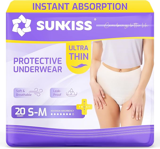 SUNKISS Ultra Thin Incontinence Underwear for Women, High Absorbency & Super Soft Postpartum Diapers, Disposable Adult Pull Ups, Small/Medium, 20 Count