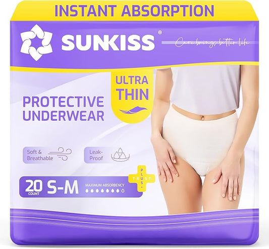 SUNKISS Ultra Thin Incontinence Underwear for Women, High Absorbency & Super Soft Postpartum Diapers, Disposable Adult Pull Ups, Small/Medium, 20 Count