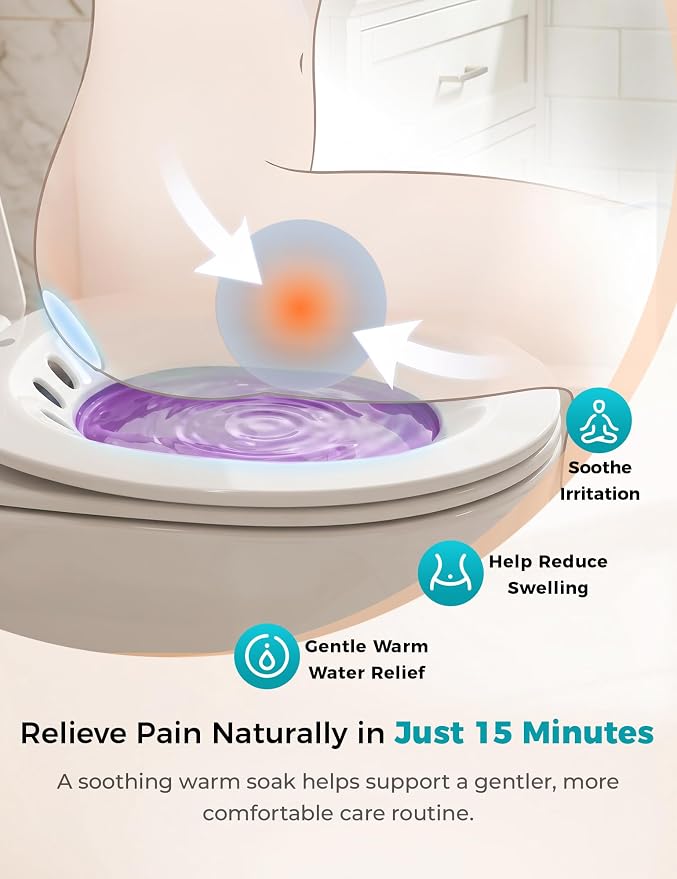 Pochik Sitz Bath for Toilet Seat Hemorrhoids and Postpartum Care, Yoni Steam Seat, Perineal Soaking, Collapsible, Flusher Hose, Drain Holes, Wider Seating Area - Purple
