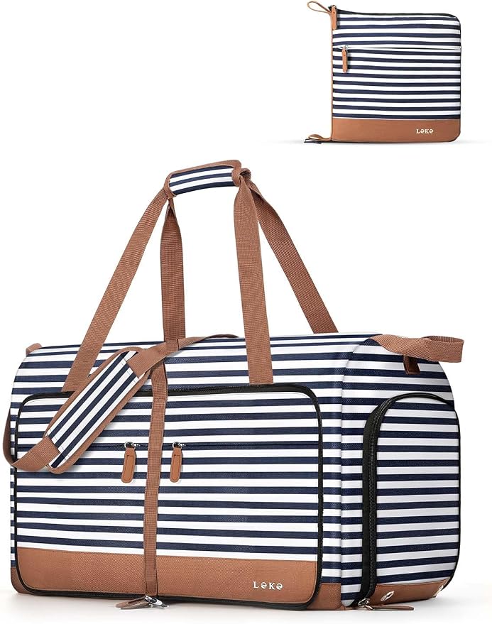 Lekesky Foldable Travel Duffle Bag for Women, Large Duffel Bag with Separate Shoes Compartments & Straps, Carry On Weekend Bag for Women, Hospital, Overnight (Blue Stripe, 30L)