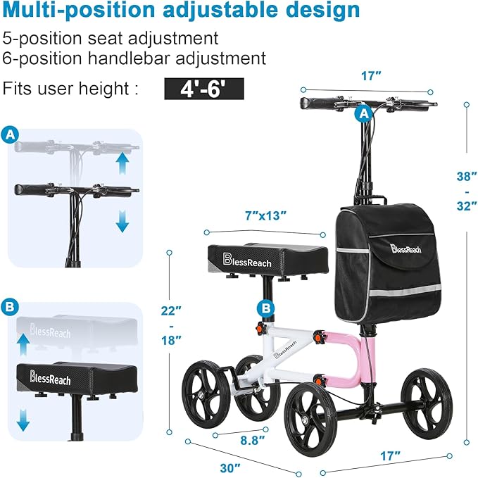 Economy Knee Scooter Steerable Knee Walker for Foot Injuries Compact Crutch Alternative with Dual Braking System (Pink)