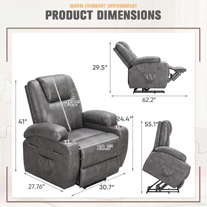 Flamaker Power Lift Recliner Chair Electric Lift Recliner for Elderly | Power Lift Recliner Chair with Cup Holders Side Pockets for Living Room (Leathaire, Light Gray)