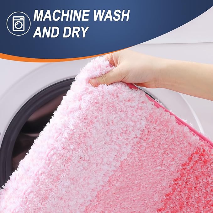OLANLY Bathroom Rug Set 2 Piece, Soft Absorbent Microfiber Bath Rug Set, Non-Slip, Machine Wash Dry, Plush Shaggy Bath Mats for Bathroom (47"x20"+24"x16", Pink)
