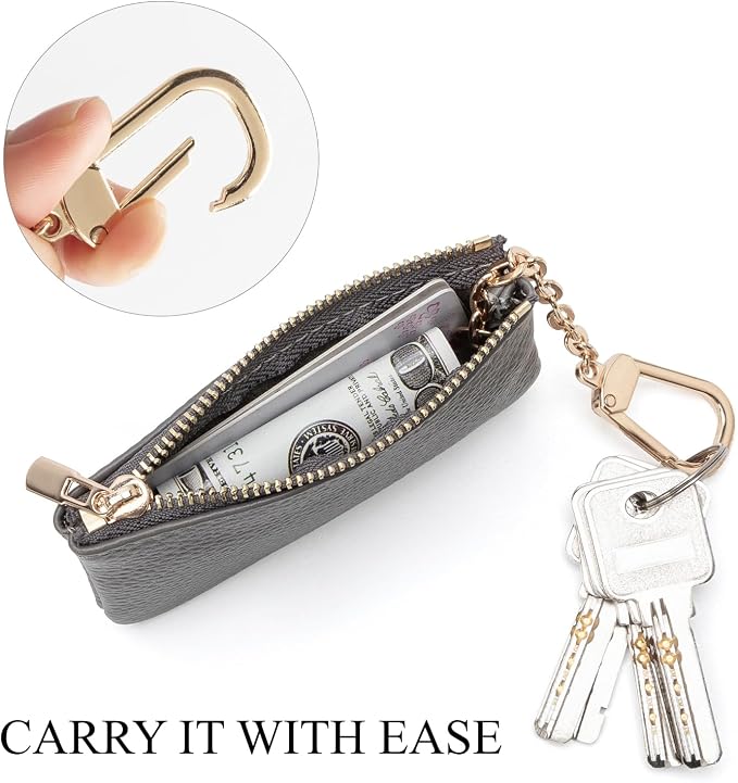 Full Grain Leather Coin Purse with Key Chain - Small Change Purse Keychain Card Holder Keychain Pouch Small Keychain Wallet for Women and Men (Gray)